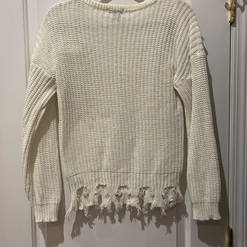 CREAM COLORED, LONG SLEEVE CREW NECK DECONSTRUCTED SWEATER PULLOVER, SIZE M
